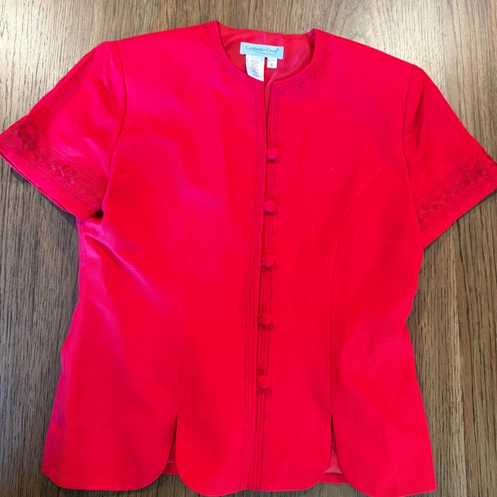 Coldwater Creek Red Linen Blend Short Sleeve Suit Jacket Size 6 Embroidered EUC
